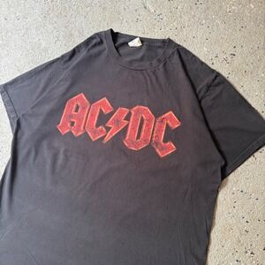 AC/DC Band T-Shirt Mens Large Black Red Distressed Logo Port & Company Rock Tee‎